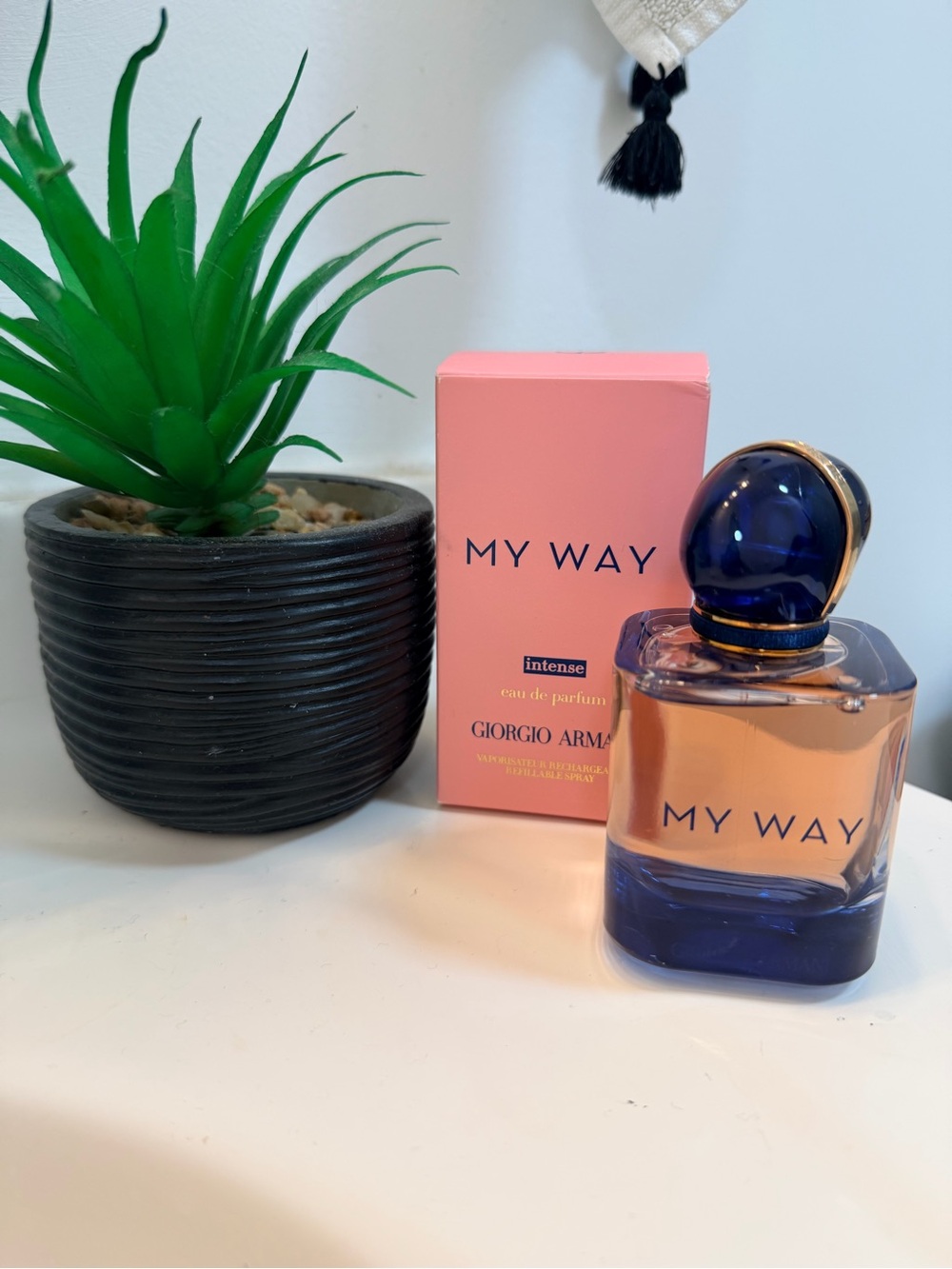 Fragrance bottle on counter